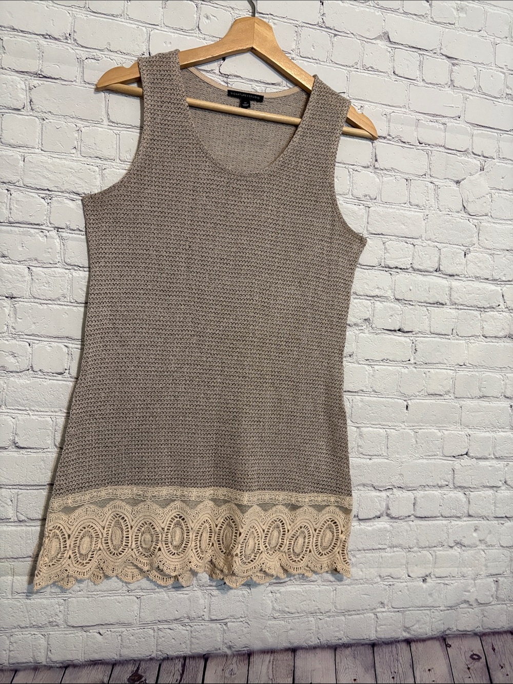 Signature Studio Taupe Knit Tank with Cream Lace Trim